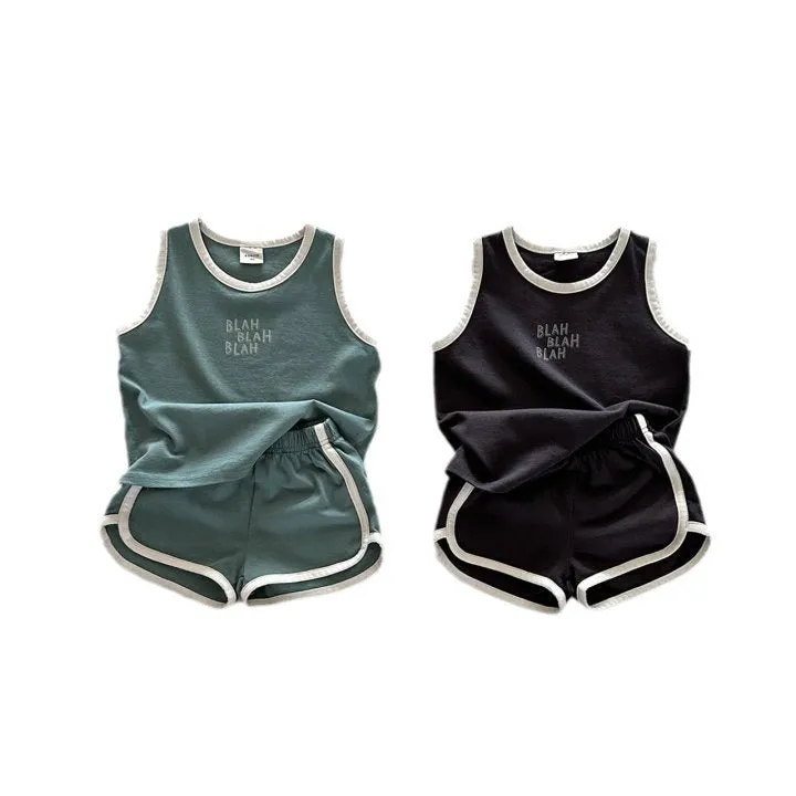 Cotton sports vest and shorts casual children suit in green, pullover style, for height 80-130cm