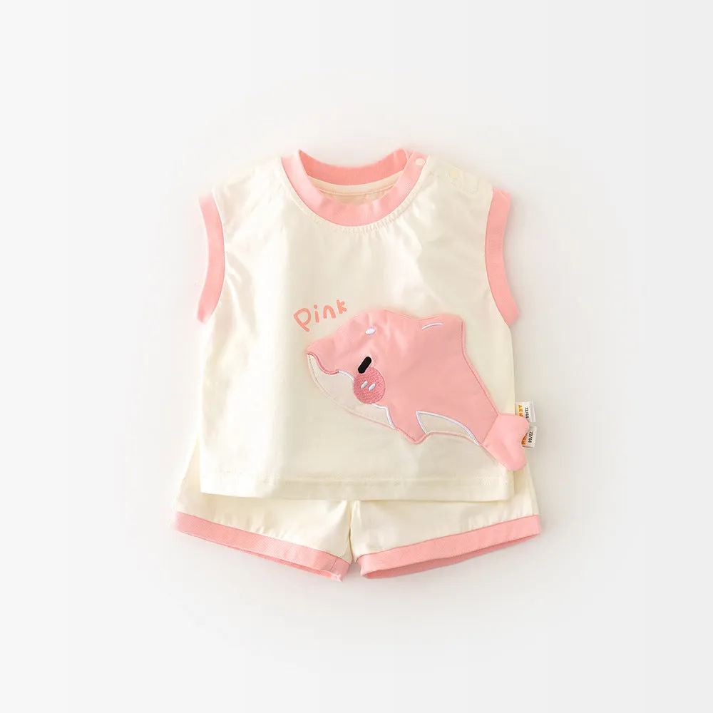 Blue shark cartoon vest and shorts set for toddlers, cotton blend pullover summer suit