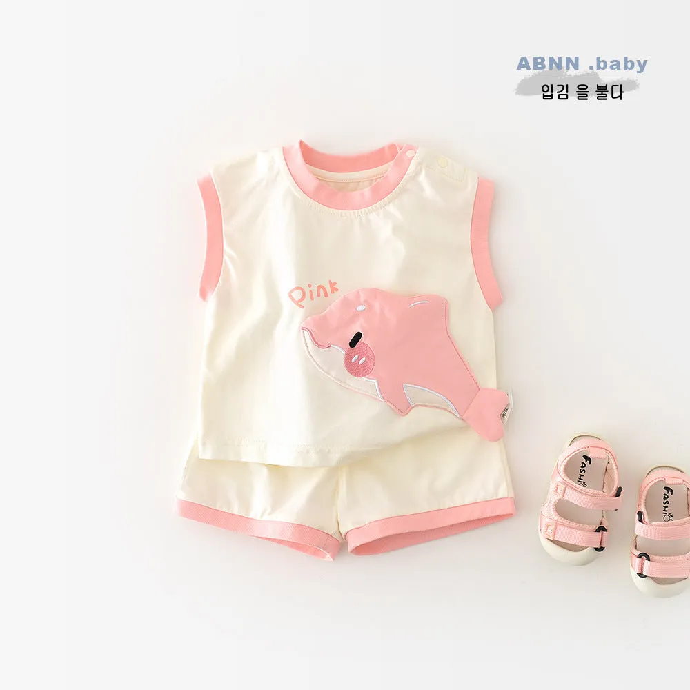 Blue shark cartoon vest and shorts set for toddlers, cotton blend pullover summer suit