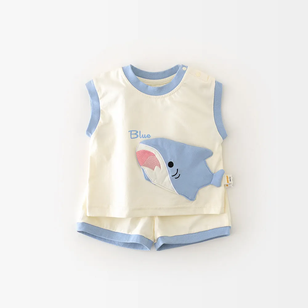 Blue shark cartoon vest and shorts set for toddlers, cotton blend pullover summer suit