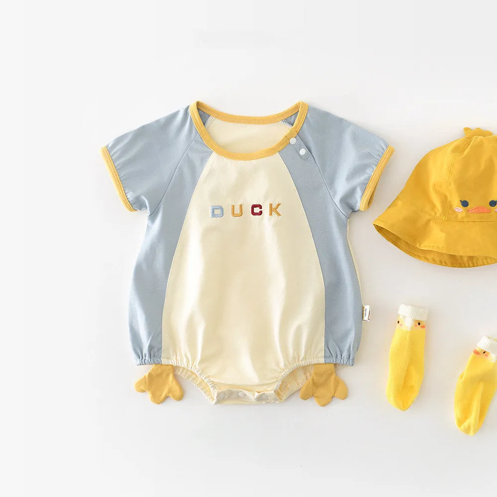 Newborn contrast colour short-sleeved romper 52857 in beige and blue duck cotton blend fabric