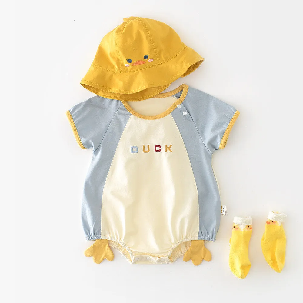Newborn contrast colour short-sleeved romper 52857 in beige and blue duck cotton blend fabric