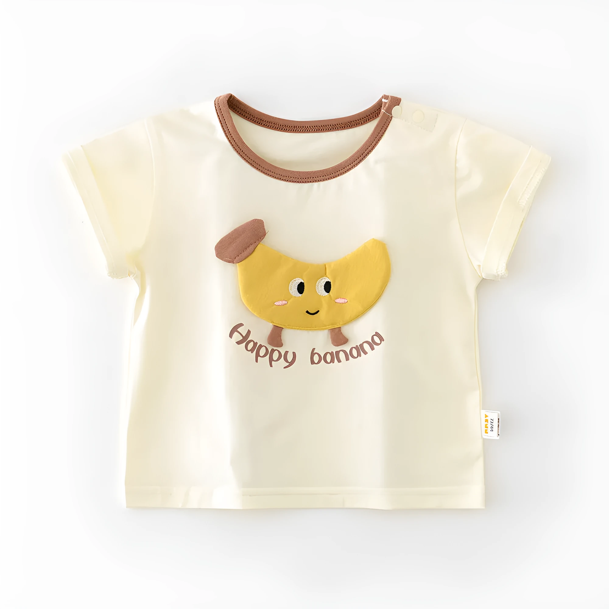 Baby summer cartoon banana round neck short sleeve top in cotton blend on white background