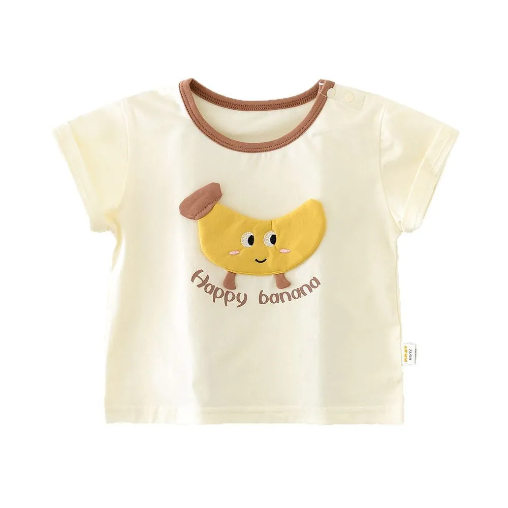 Baby summer cartoon banana round neck short sleeve top in cotton blend on white background