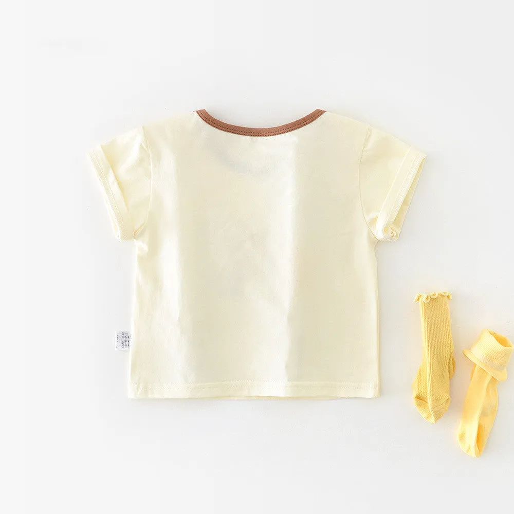Baby summer cartoon banana round neck short sleeve top in cotton blend on white background