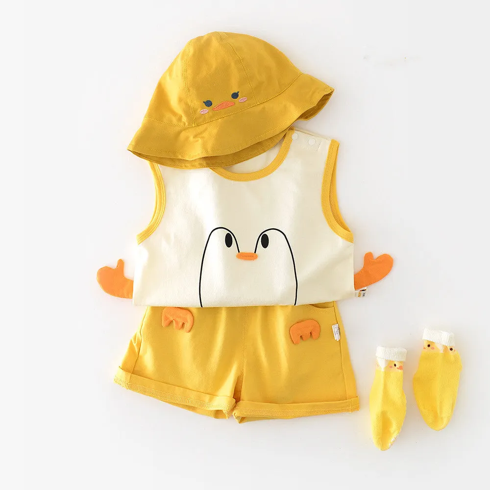 Infant toddler yellow cotton blend vest set with Big White Goose cartoon blouse and shorts