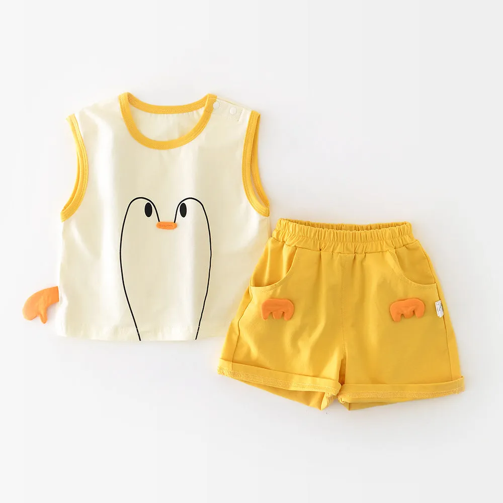 Infant toddler yellow cotton blend vest set with Big White Goose cartoon blouse and shorts