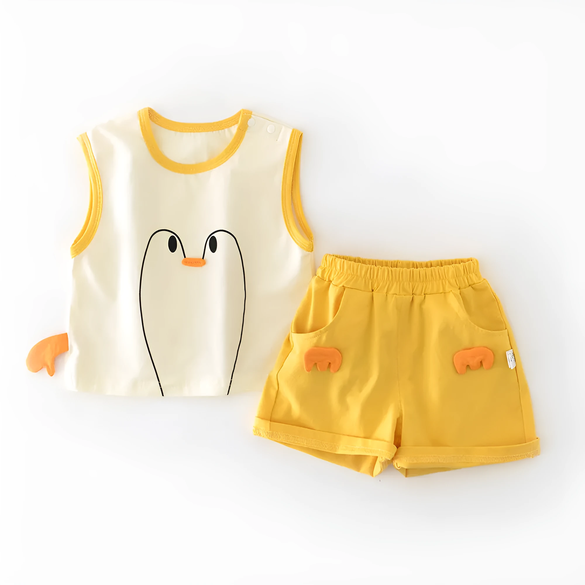 Infant toddler yellow cotton blend vest set with Big White Goose cartoon blouse and shorts
