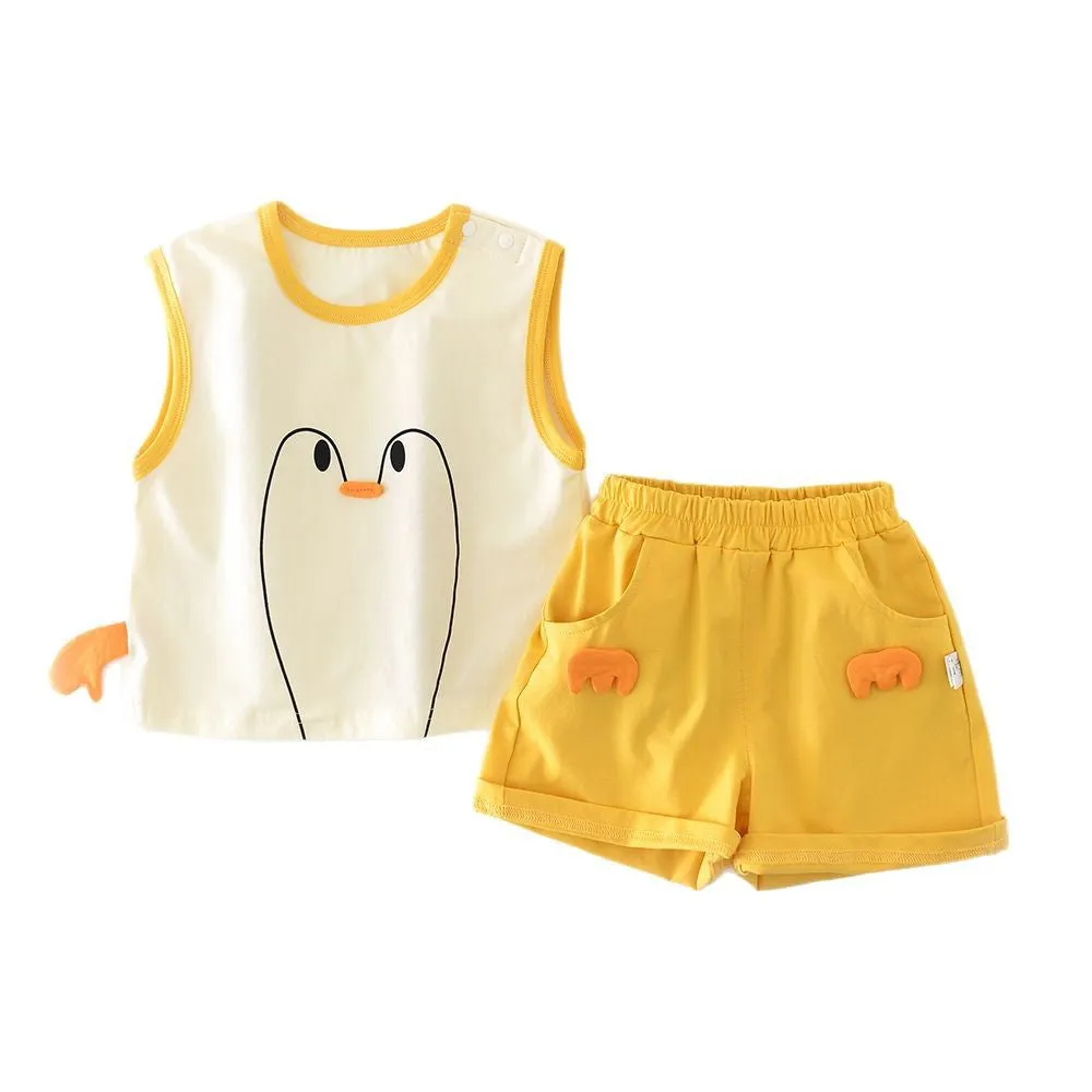 Infant toddler yellow cotton blend vest set with Big White Goose cartoon blouse and shorts