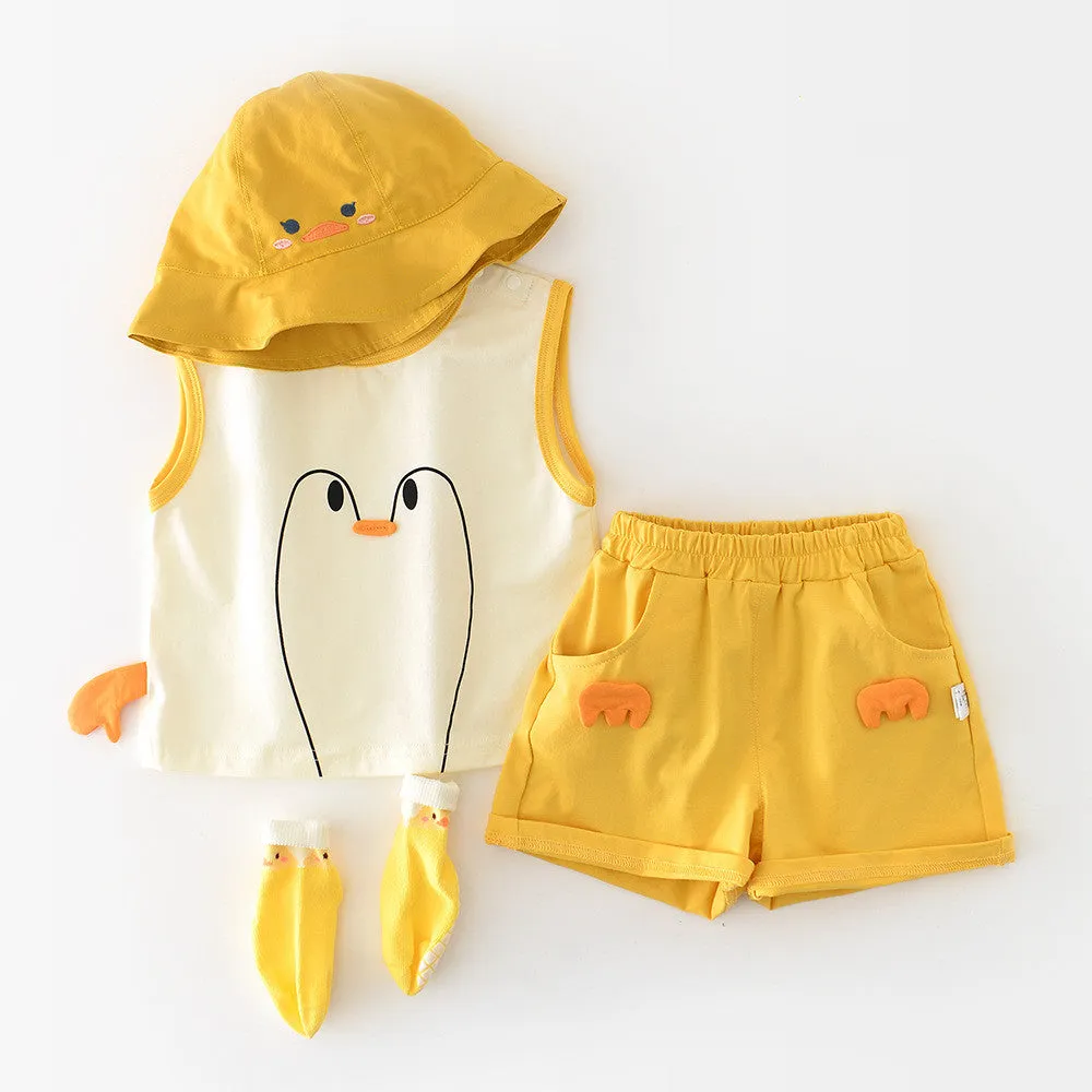 Infant toddler yellow cotton blend vest set with Big White Goose cartoon blouse and shorts