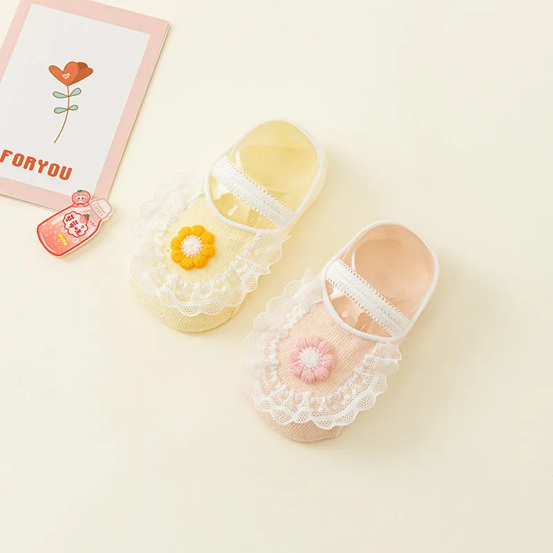 Light blue milky white thin cotton non-slip ankle socks for baby girls with lace trim