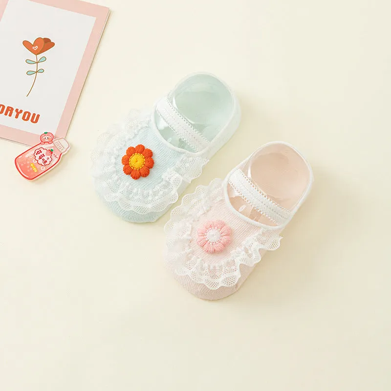 Light blue milky white thin cotton non-slip ankle socks for baby girls with lace trim
