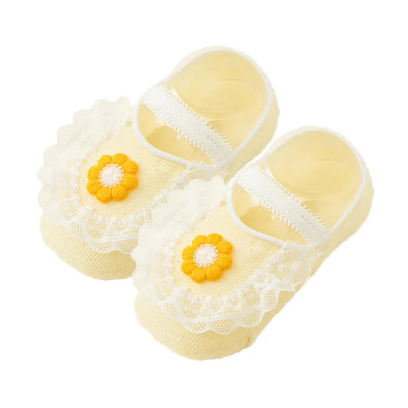 Light blue milky white thin cotton non-slip ankle socks for baby girls with lace trim