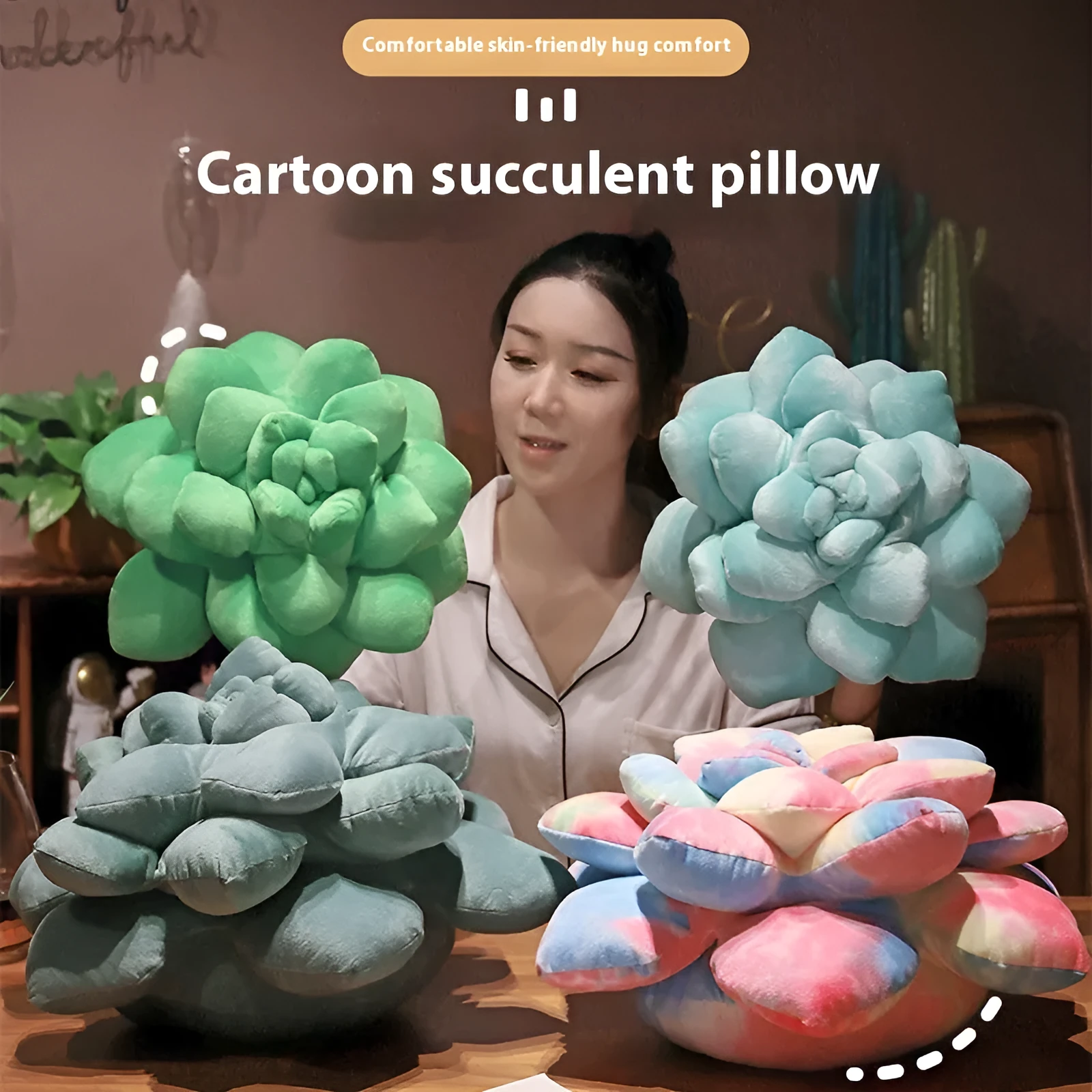 Cartoon tie-dyed succulent shaped plush pillow in green tones with soft fabric finish, 35cm height