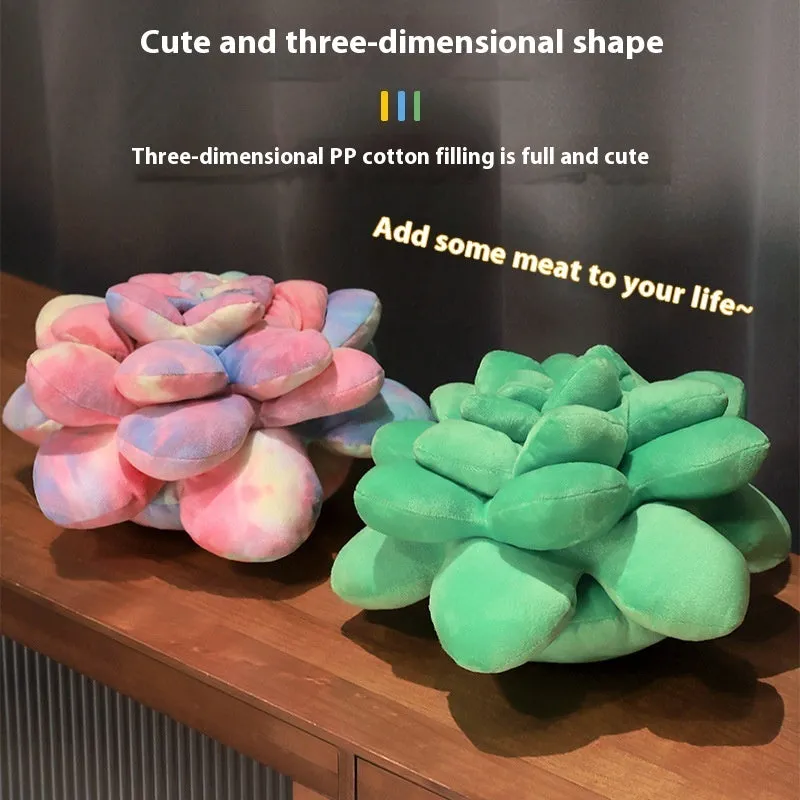 Cartoon tie-dyed succulent shaped plush pillow in green tones with soft fabric finish, 35cm height