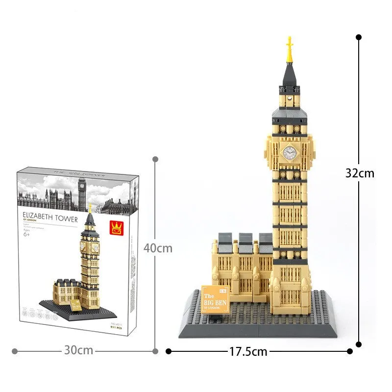 World famous architecture street view small particle plastic building blocks set in colour box showing assembled Burj Khalifa model