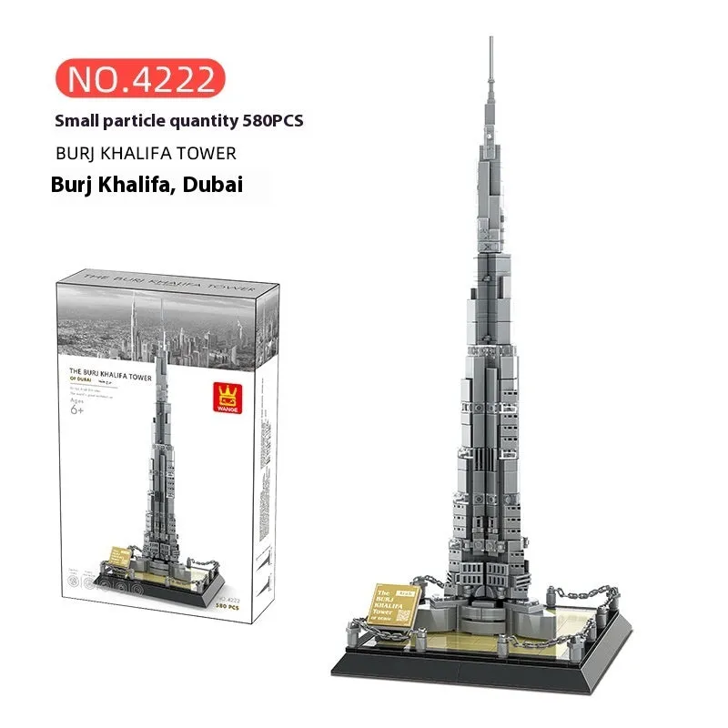 World famous architecture street view small particle plastic building blocks set in colour box showing assembled Burj Khalifa model