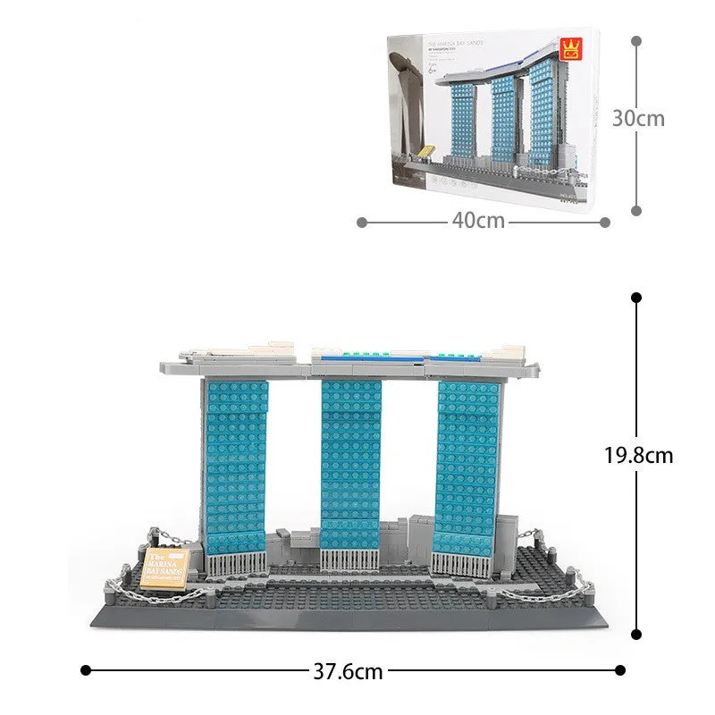 World famous architecture street view small particle plastic building blocks set in colour box showing assembled Burj Khalifa model