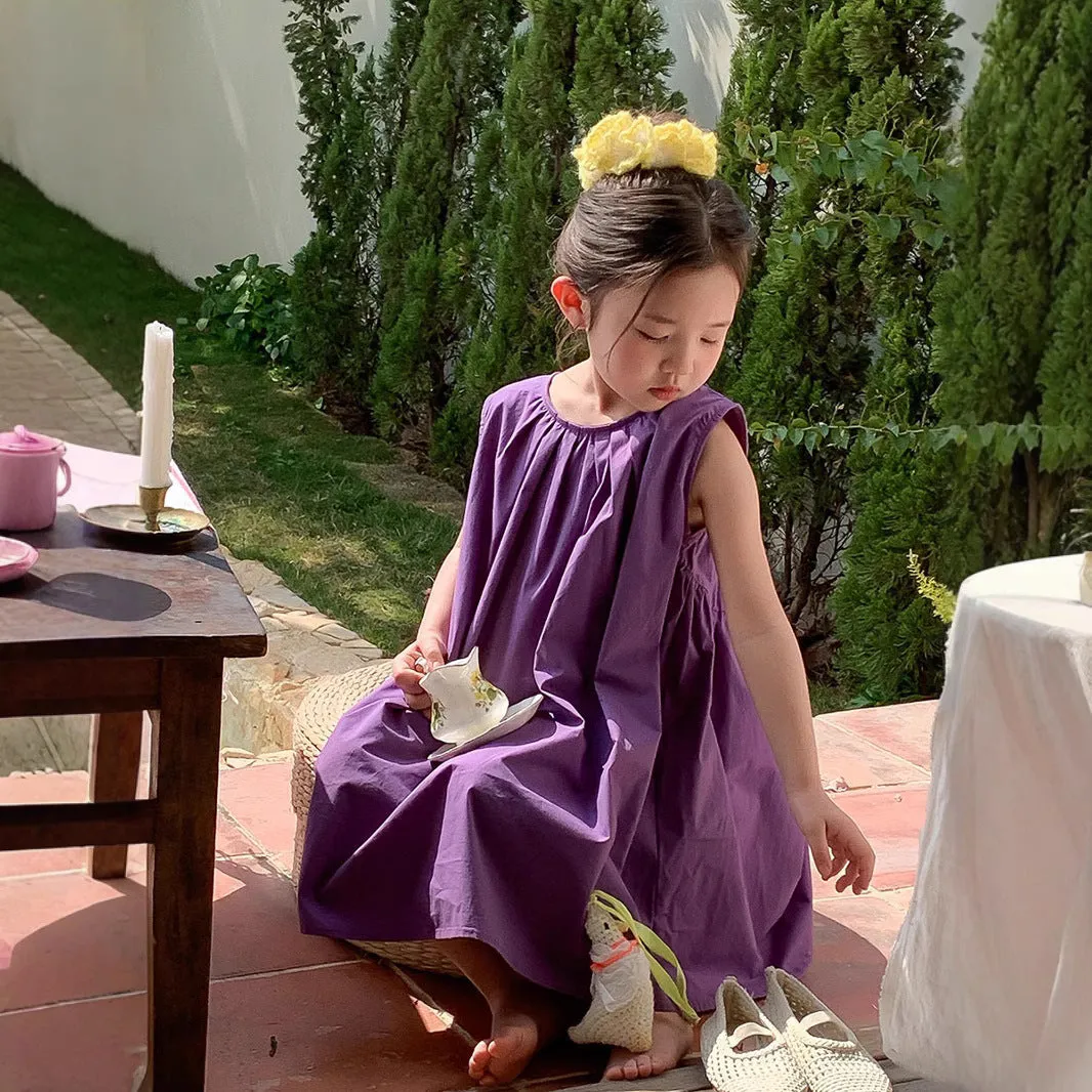 Children's cotton sleeveless A-line dress in rose red for girls summer wear