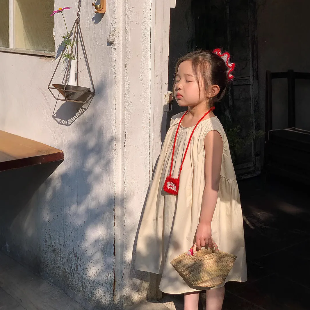 Children's cotton sleeveless A-line dress in rose red for girls summer wear