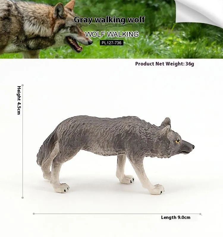 Solid plastic grey wolf animal figure toy in walking pose for children's educational play