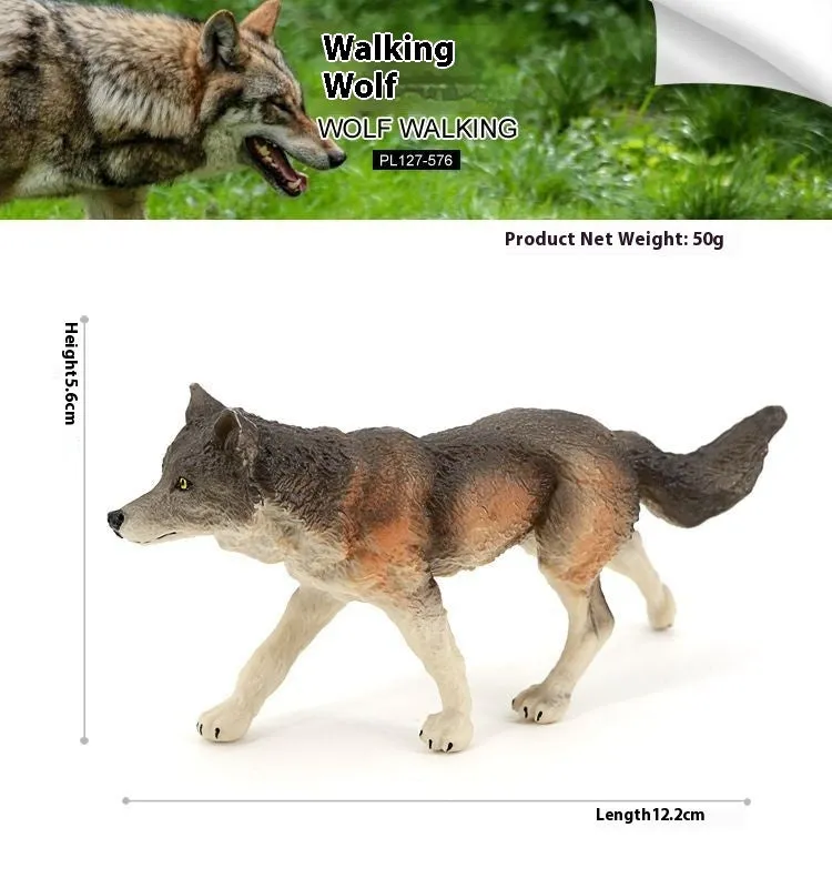 Solid plastic grey wolf animal figure toy in walking pose for children's educational play