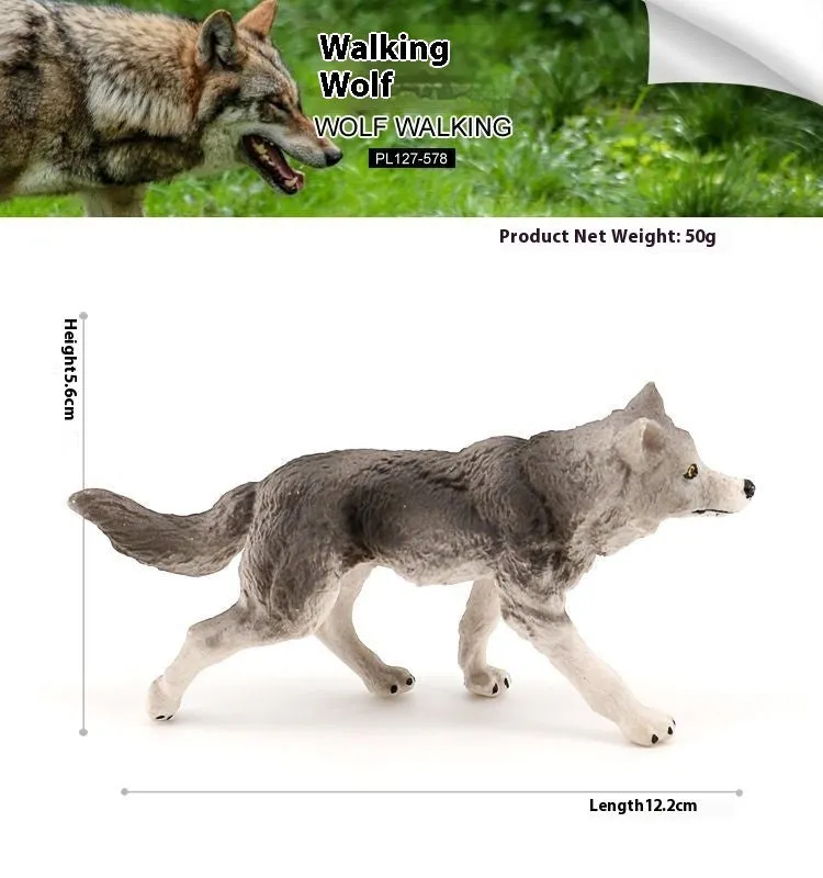 Solid plastic grey wolf animal figure toy in walking pose for children's educational play