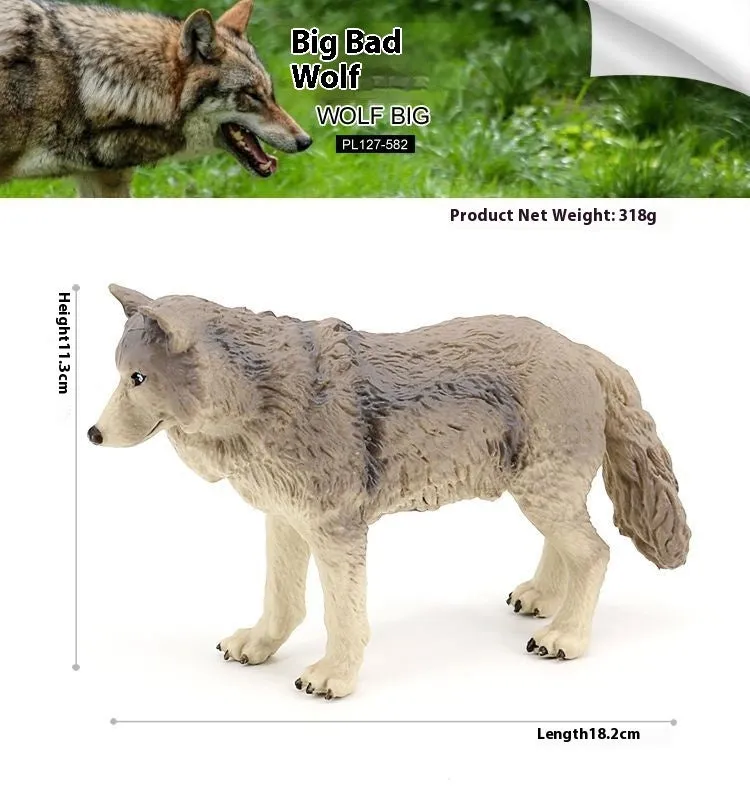 Solid plastic grey wolf animal figure toy in walking pose for children's educational play