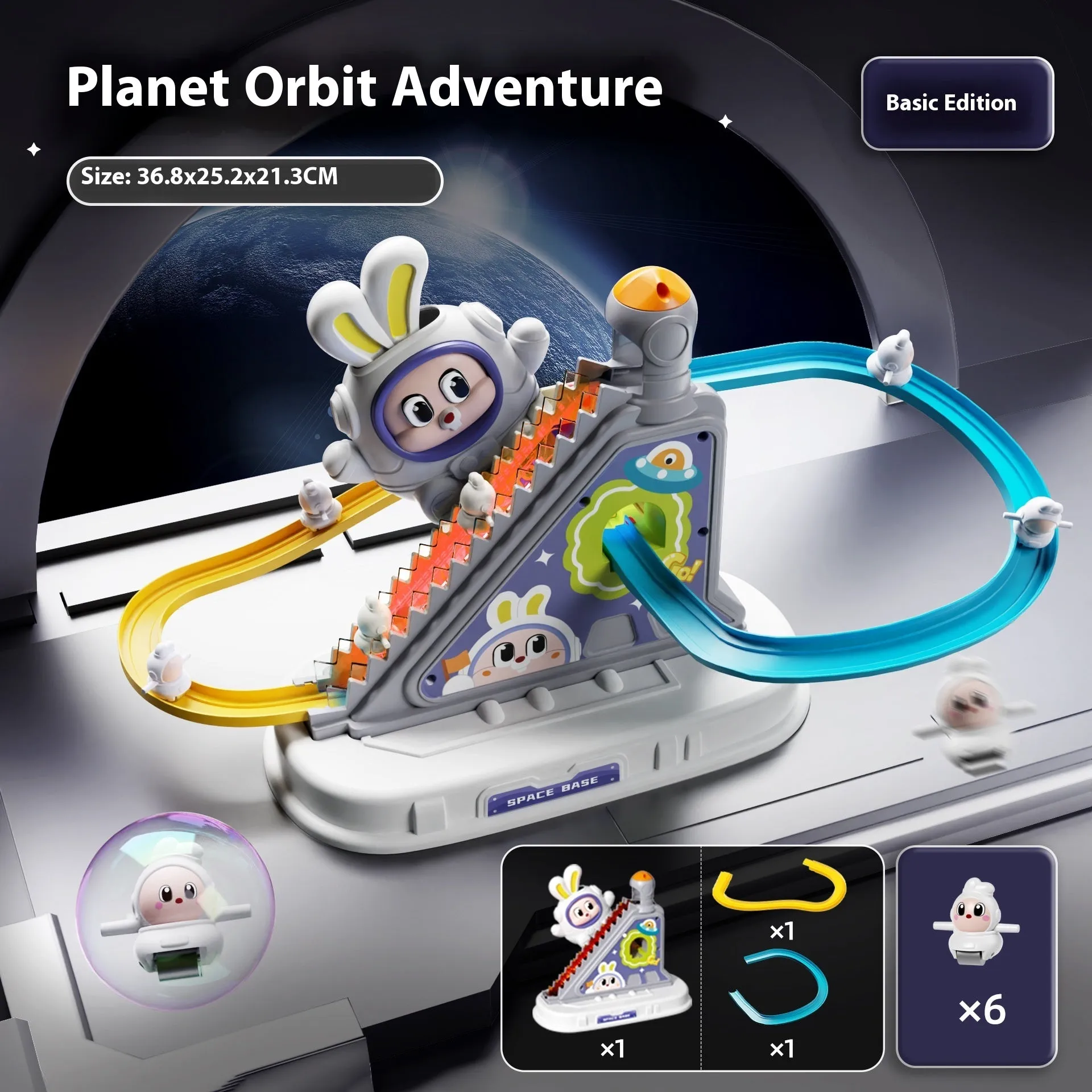 Children's space rabbit electric track toy with climbing stairs and multiple rabbit figures