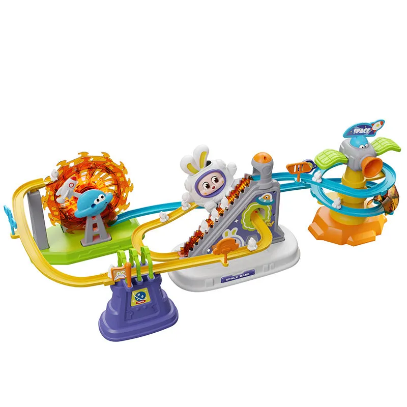 Children's space rabbit electric track toy with climbing stairs and multiple rabbit figures