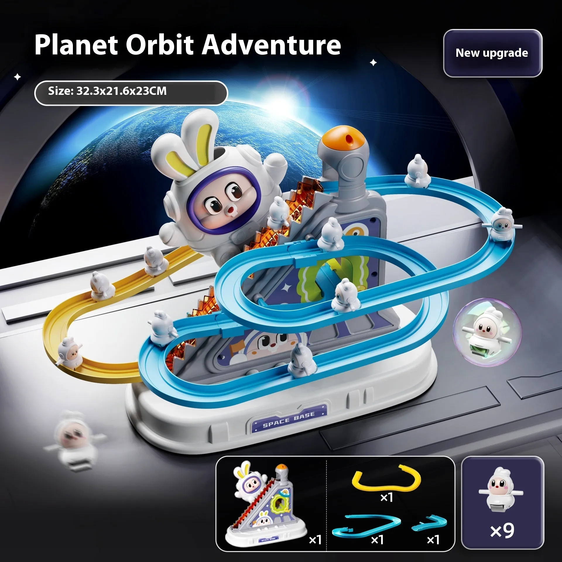 Children's space rabbit electric track toy with climbing stairs and multiple rabbit figures