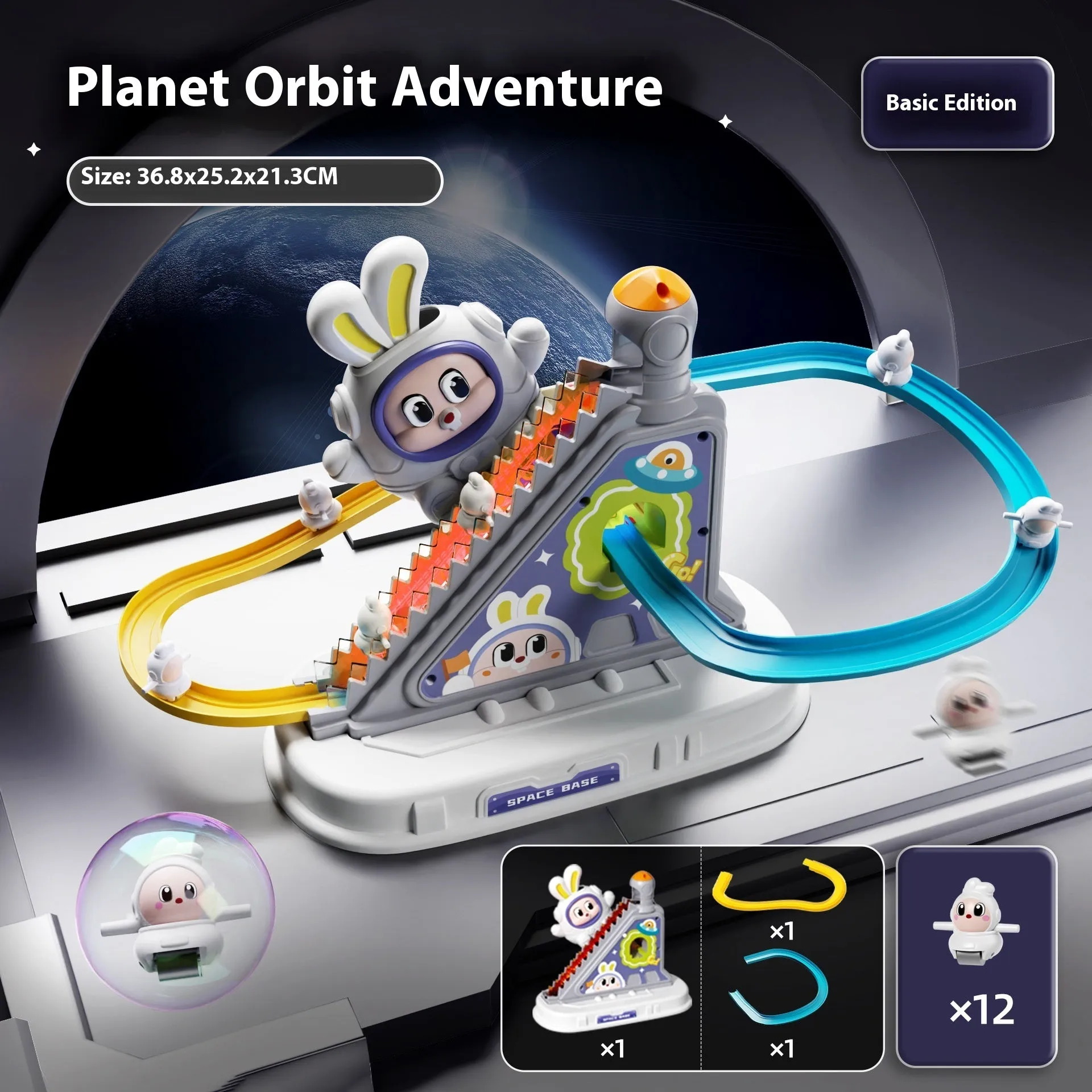 Children's space rabbit electric track toy with climbing stairs and multiple rabbit figures