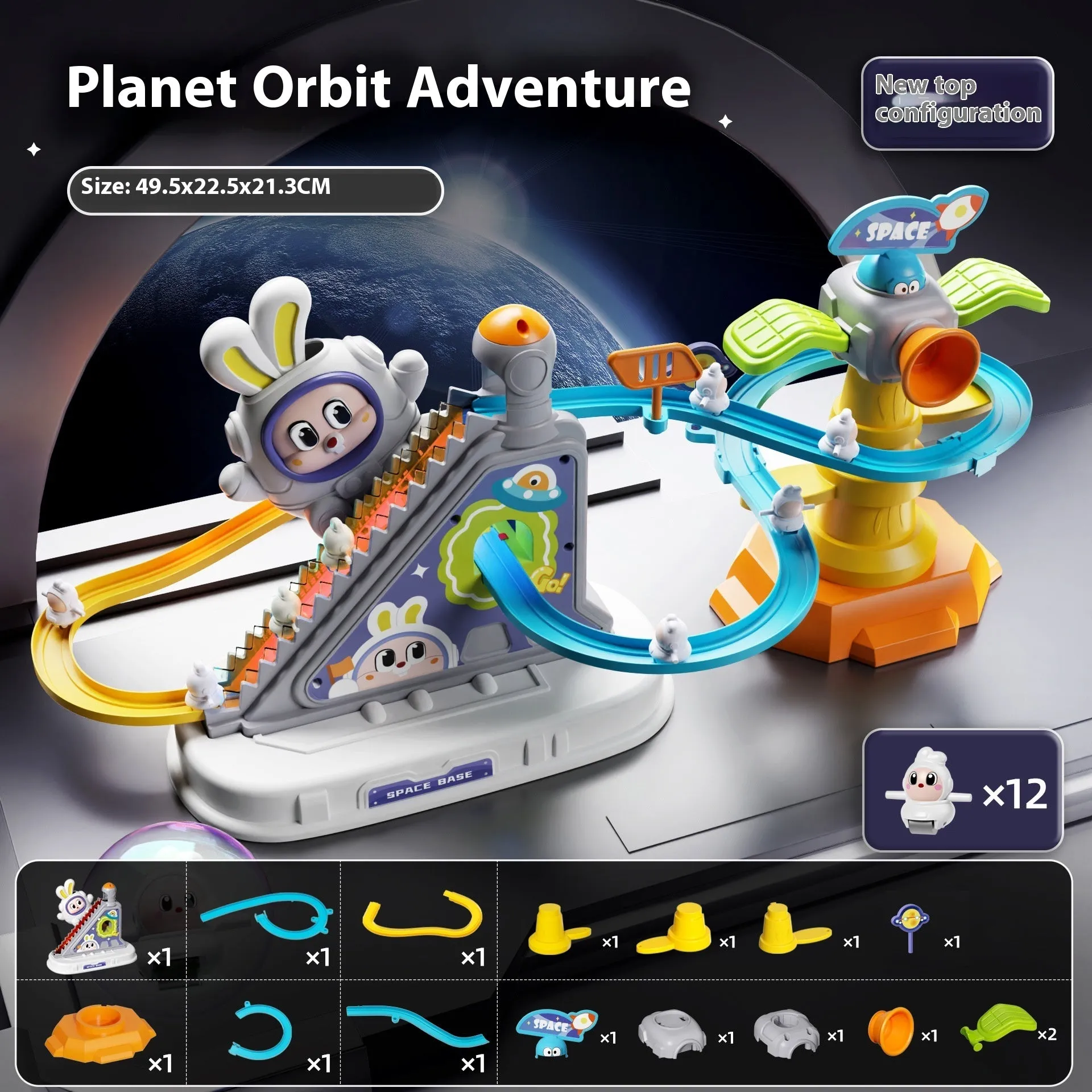 Children's space rabbit electric track toy with climbing stairs and multiple rabbit figures
