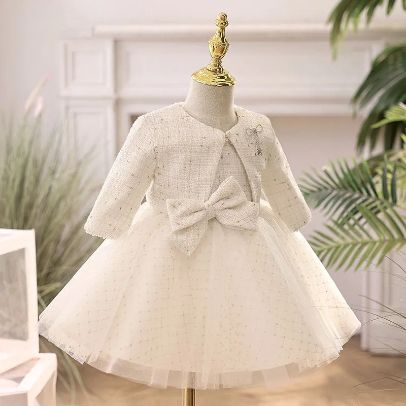 White long-sleeved princess style flower girl wedding dress with polyester lining for heights 80-160cm