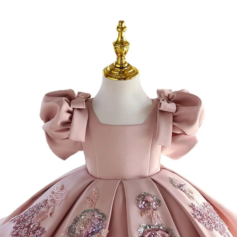 Pink polyester children's piano dress princess dress for girls, full-length with height options 80-150cm