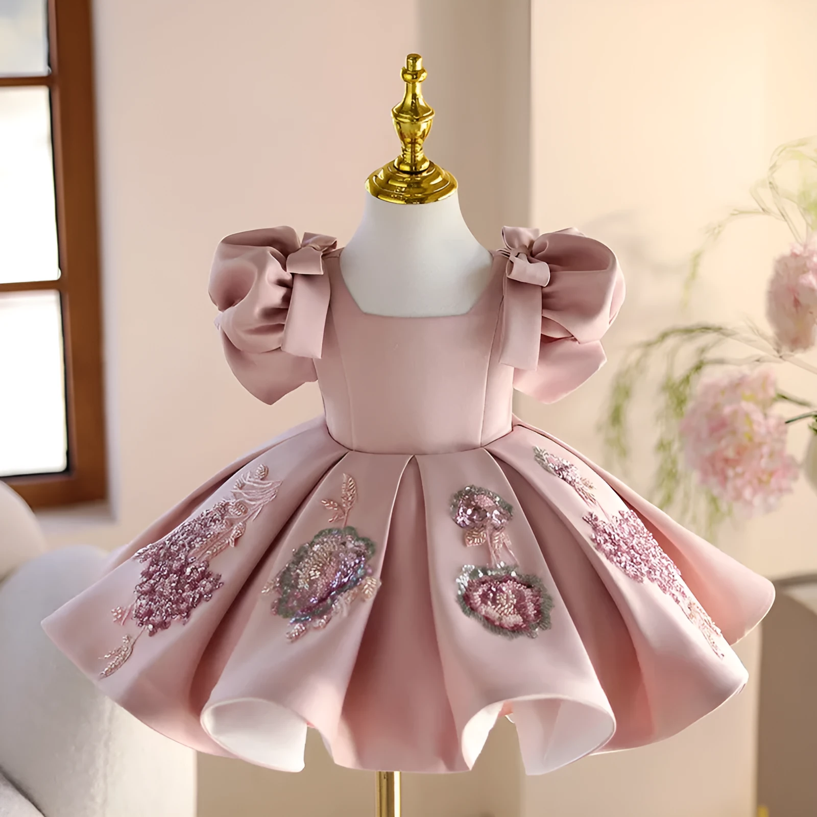 Pink polyester children's piano dress princess dress for girls, full-length with height options 80-150cm