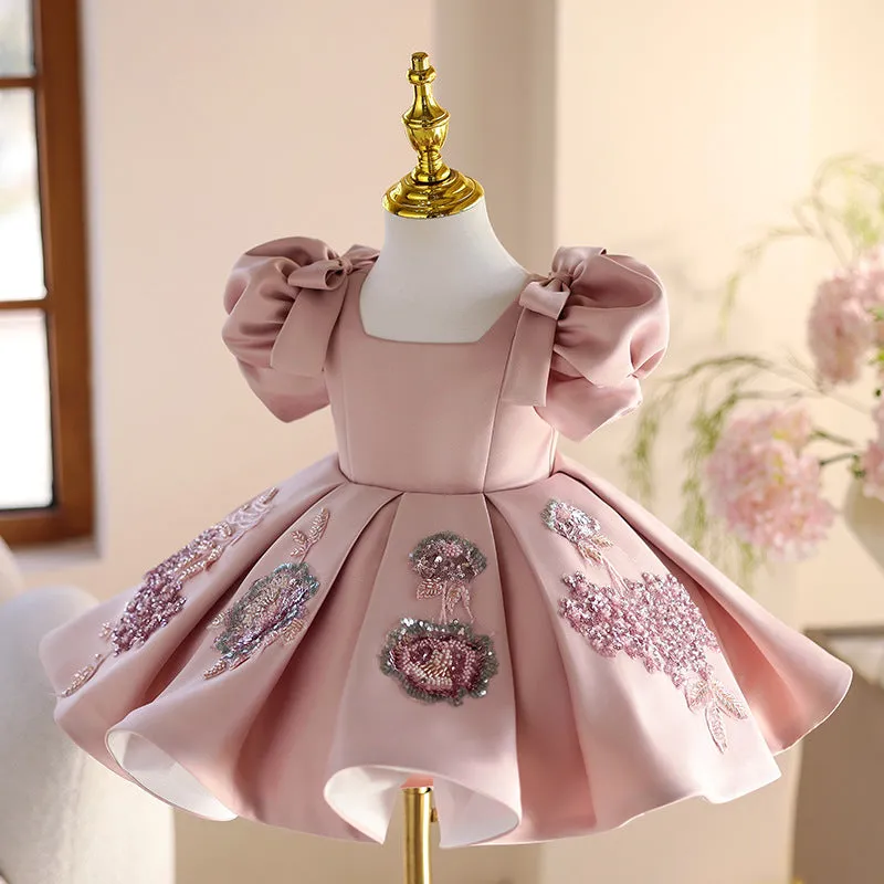 Pink polyester children's piano dress princess dress for girls, full-length with height options 80-150cm