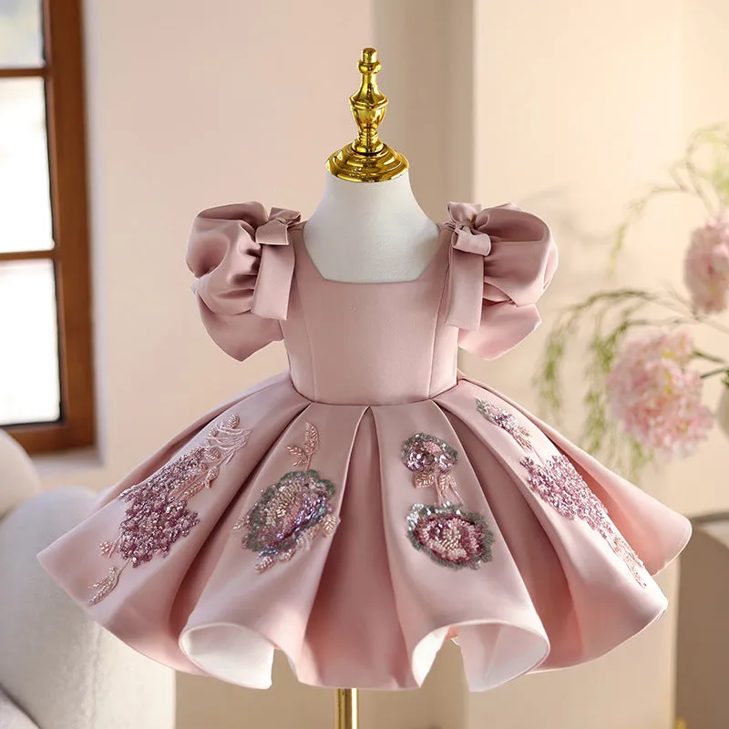 Pink polyester children's piano dress princess dress for girls, full-length with height options 80-150cm