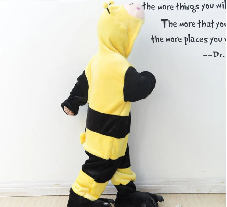 Children's carton animal bee one-piece flannel pajamas in Three-dimensional Bee colour with long sleeves