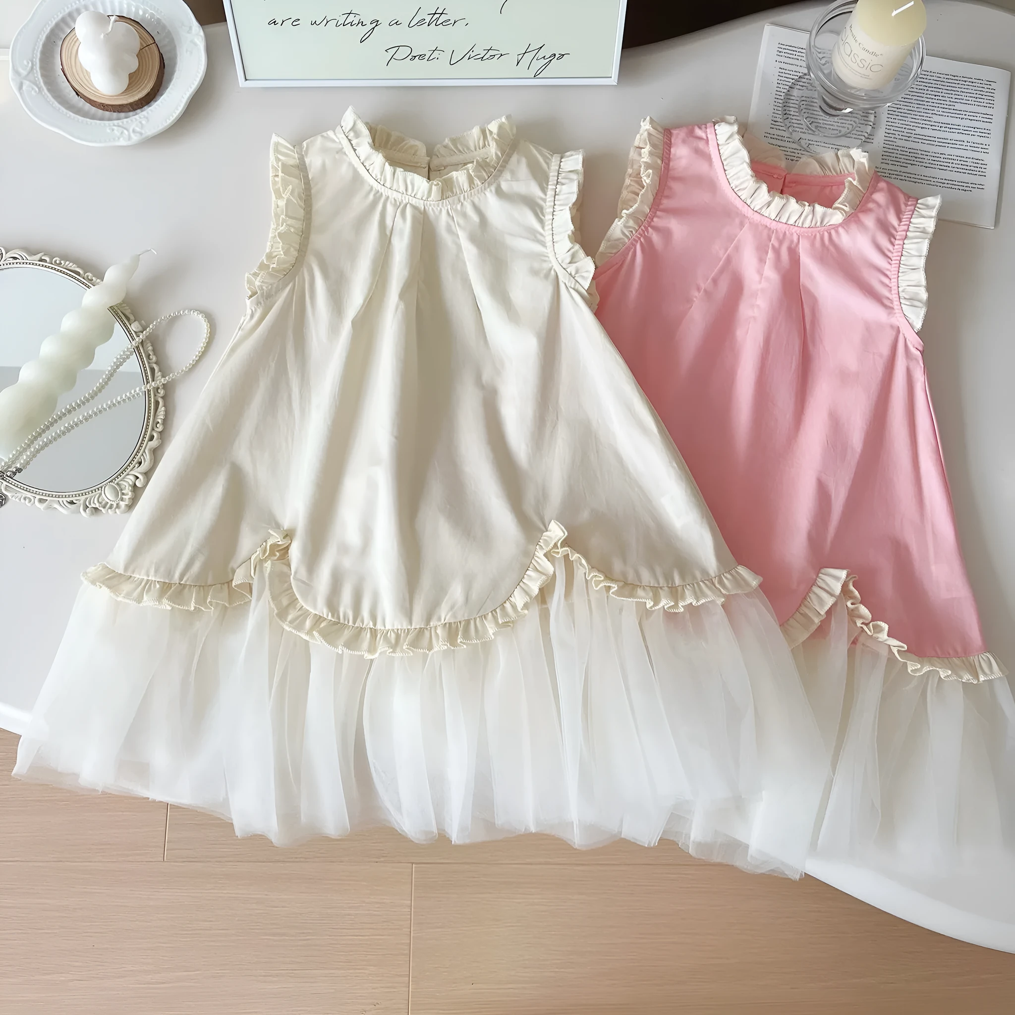 Girls sleeveless mesh princess dress in Korean style, apricot colour, summer wear, suspender design