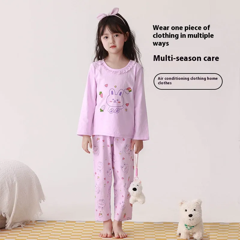 Girls cotton pyjama set with pink cartoon rabbit print, summer homewear, suitable for height 110-170cm