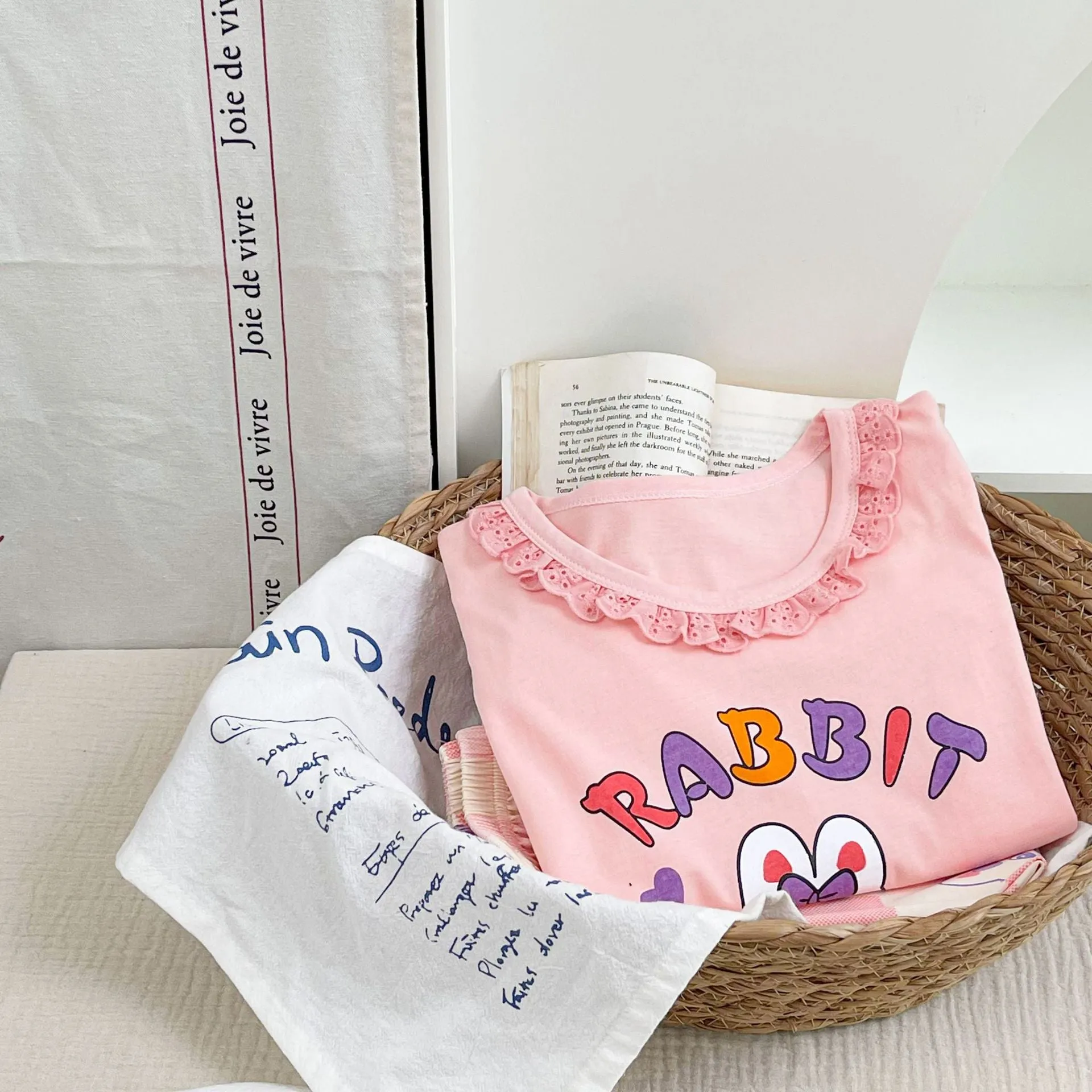 Girls cotton pyjama set with pink cartoon rabbit print, summer homewear, suitable for height 110-170cm