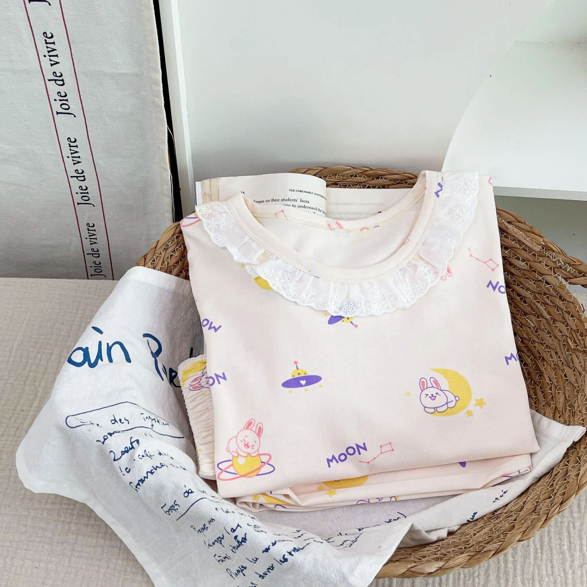 Girls cotton pyjama set with pink cartoon rabbit print, summer homewear, suitable for height 110-170cm