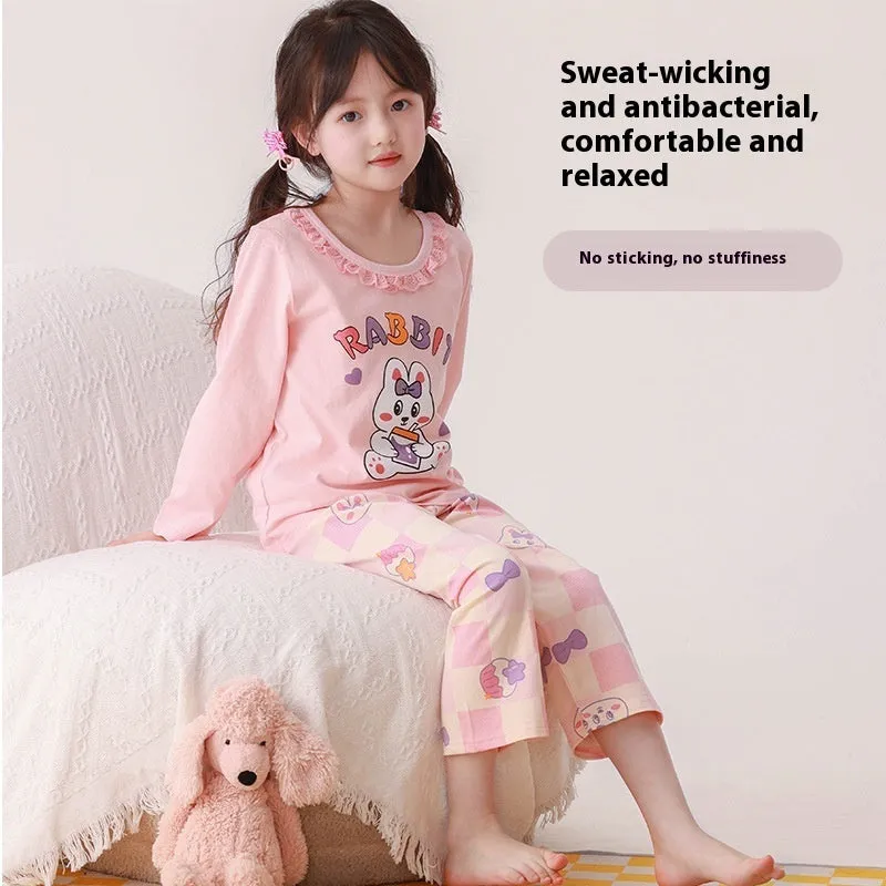 Girls cotton pyjama set with pink cartoon rabbit print, summer homewear, suitable for height 110-170cm
