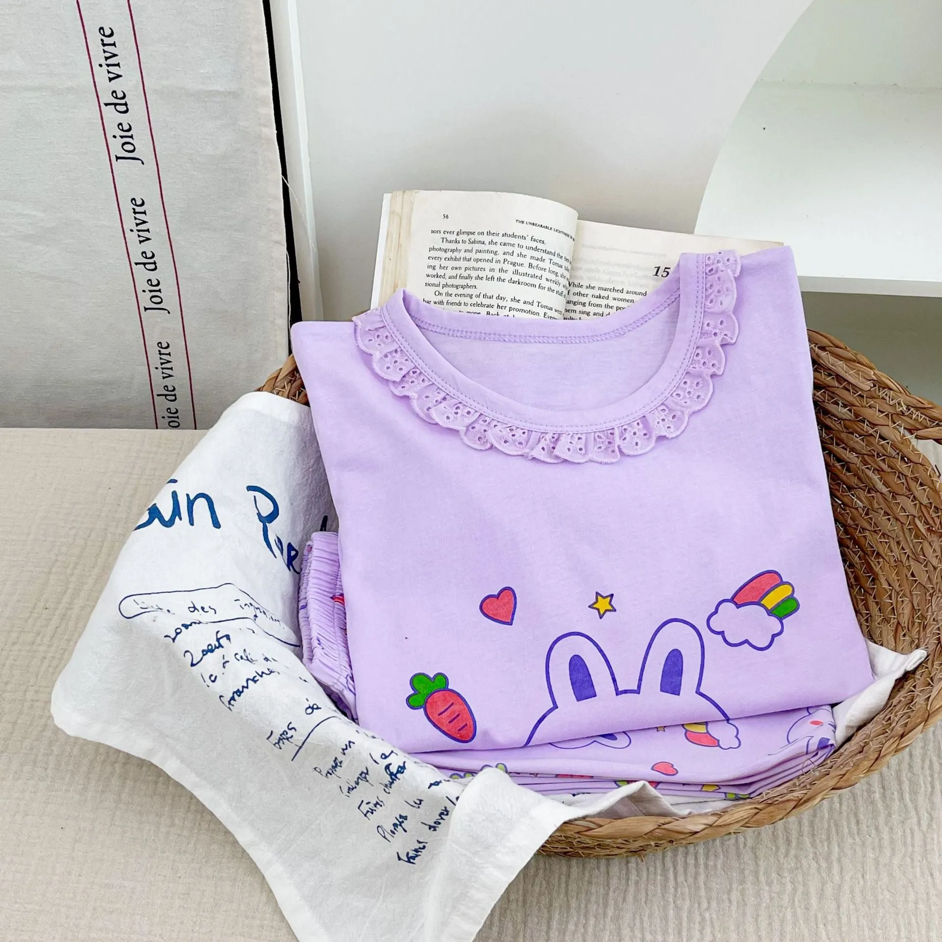 Girls cotton pyjama set with pink cartoon rabbit print, summer homewear, suitable for height 110-170cm