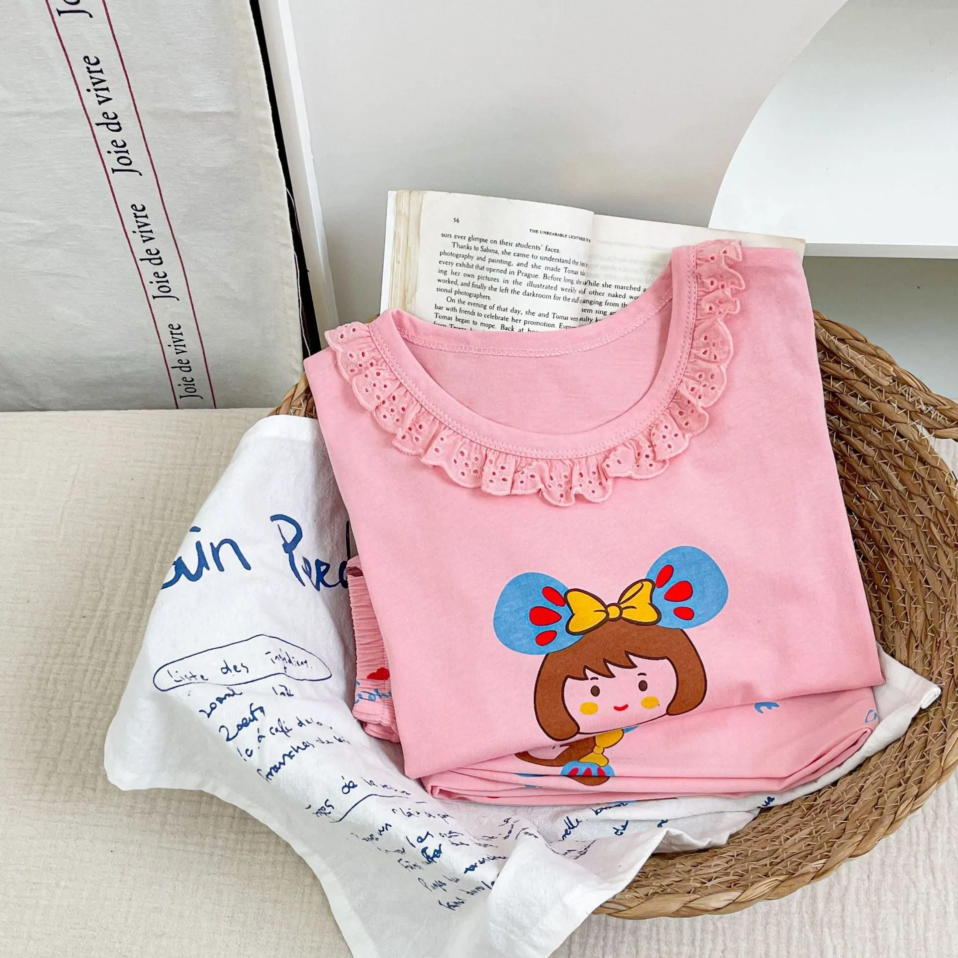 Girls cotton pyjama set with pink cartoon rabbit print, summer homewear, suitable for height 110-170cm