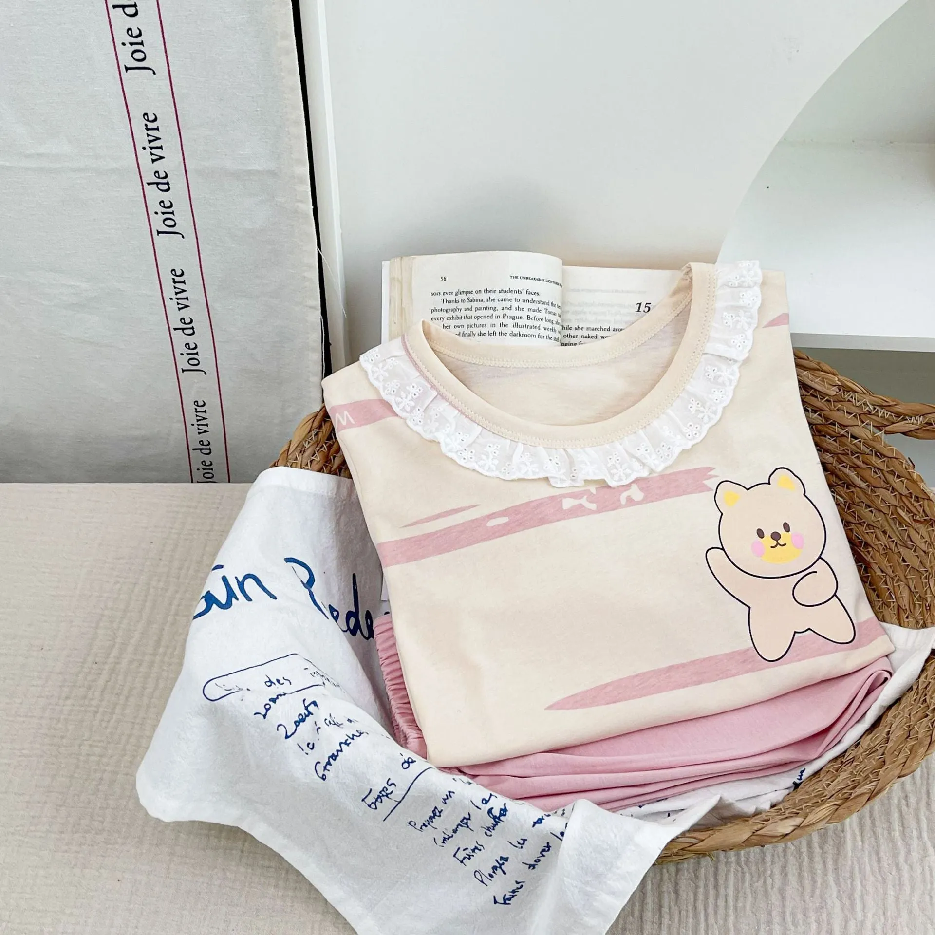 Girls cotton pyjama set with pink cartoon rabbit print, summer homewear, suitable for height 110-170cm