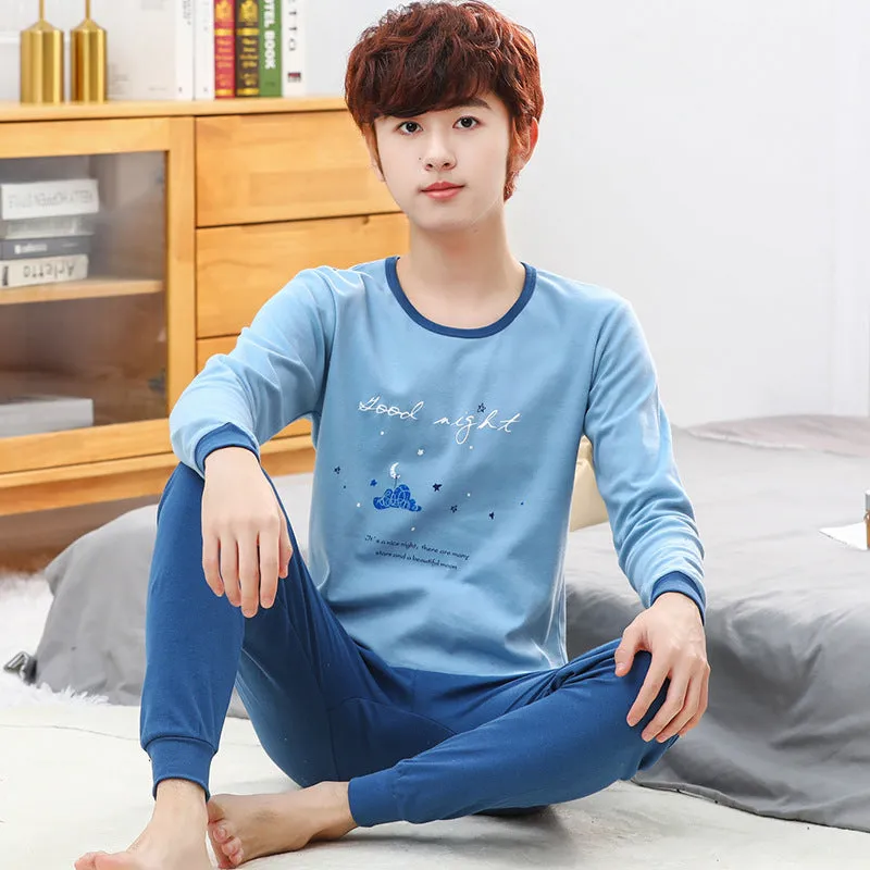 Cotton children's pyjama set top and trousers, blue screen cat pattern, suitable for boys and teens 130-177cm