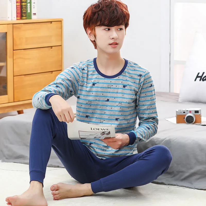 Cotton children's pyjama set top and trousers, blue screen cat pattern, suitable for boys and teens 130-177cm