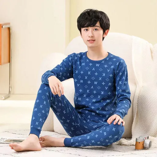 Cotton children's pyjama set top and trousers, blue screen cat pattern, suitable for boys and teens 130-177cm
